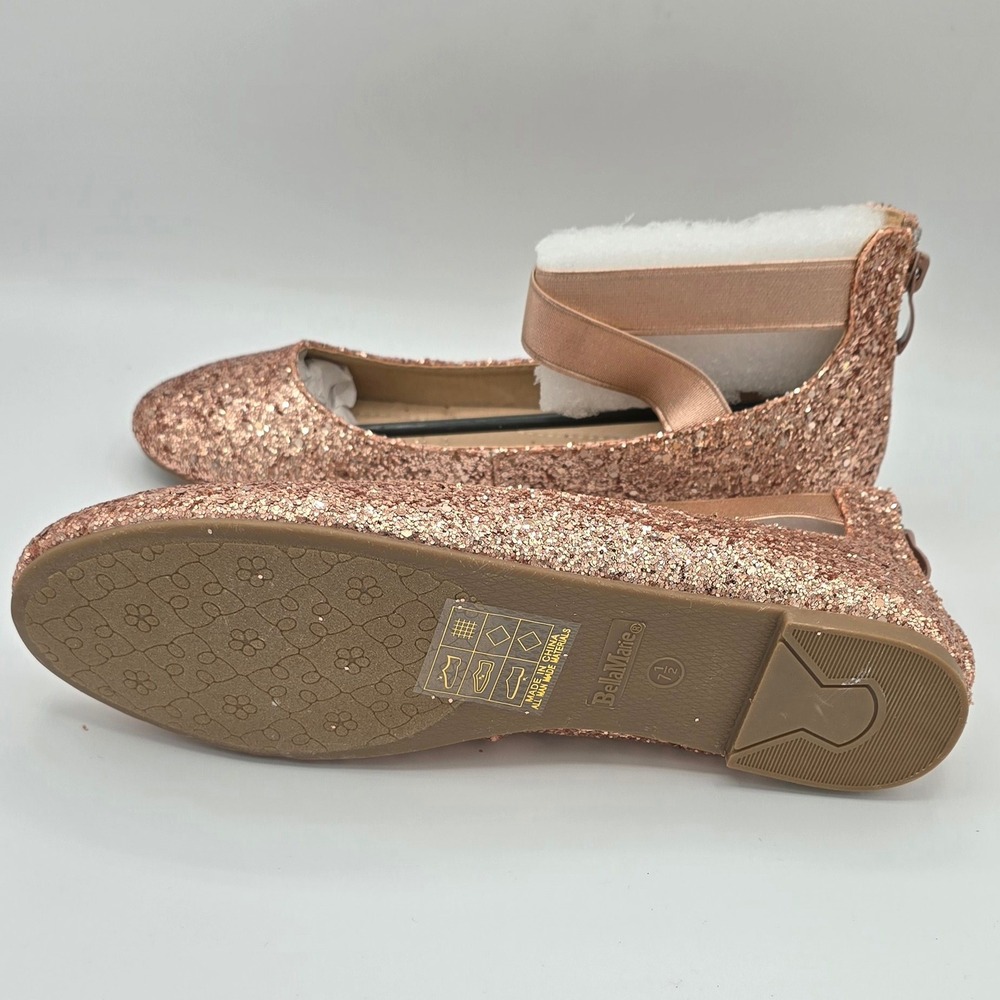 Bella Marie Rose Gold Glitter Ballet Flat Shoes with Ankle Strap